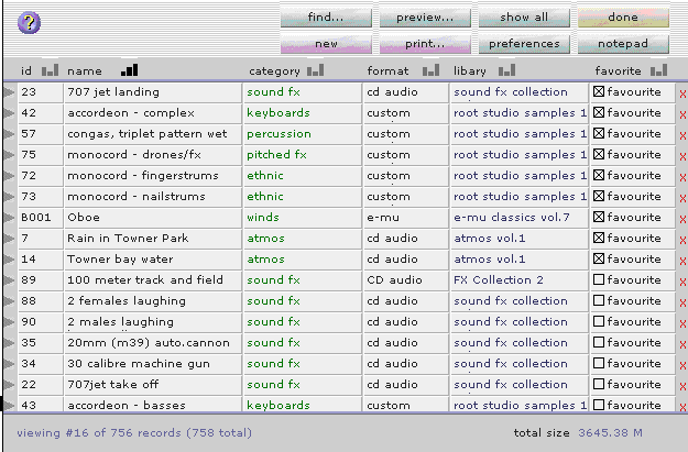 Screenshot of SoundLib overview screen