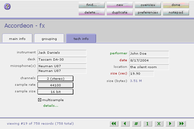 Screenshot of SoundLib tech screen